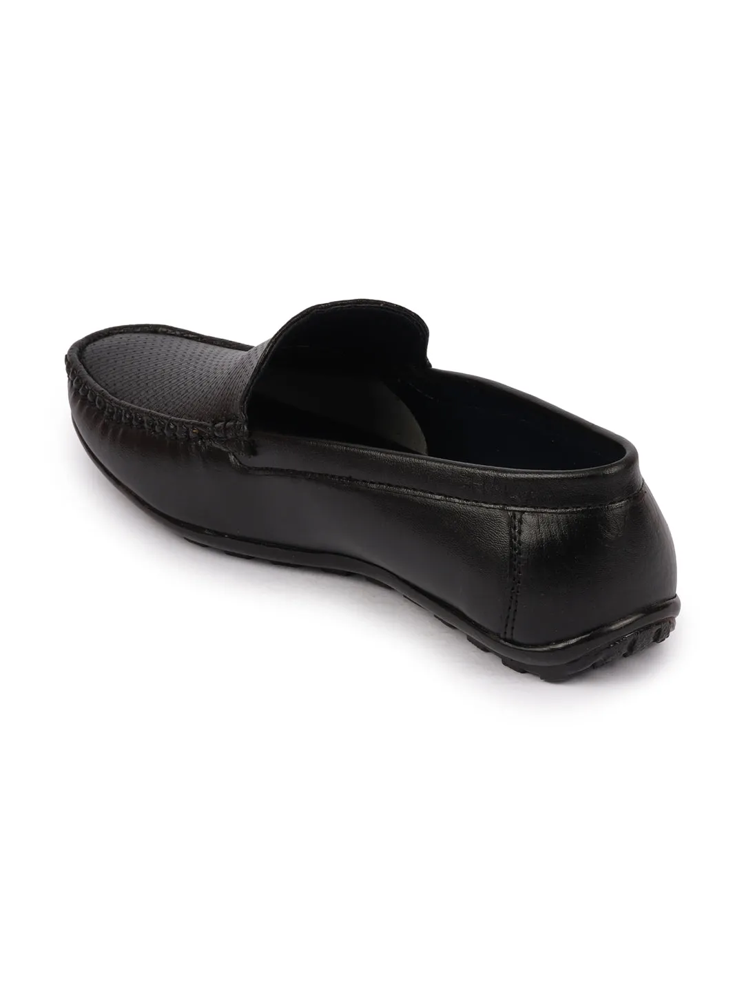 Basics Men Black Textured Print Side Stitched Casual Slip On Loafers and Moccasin Shoes