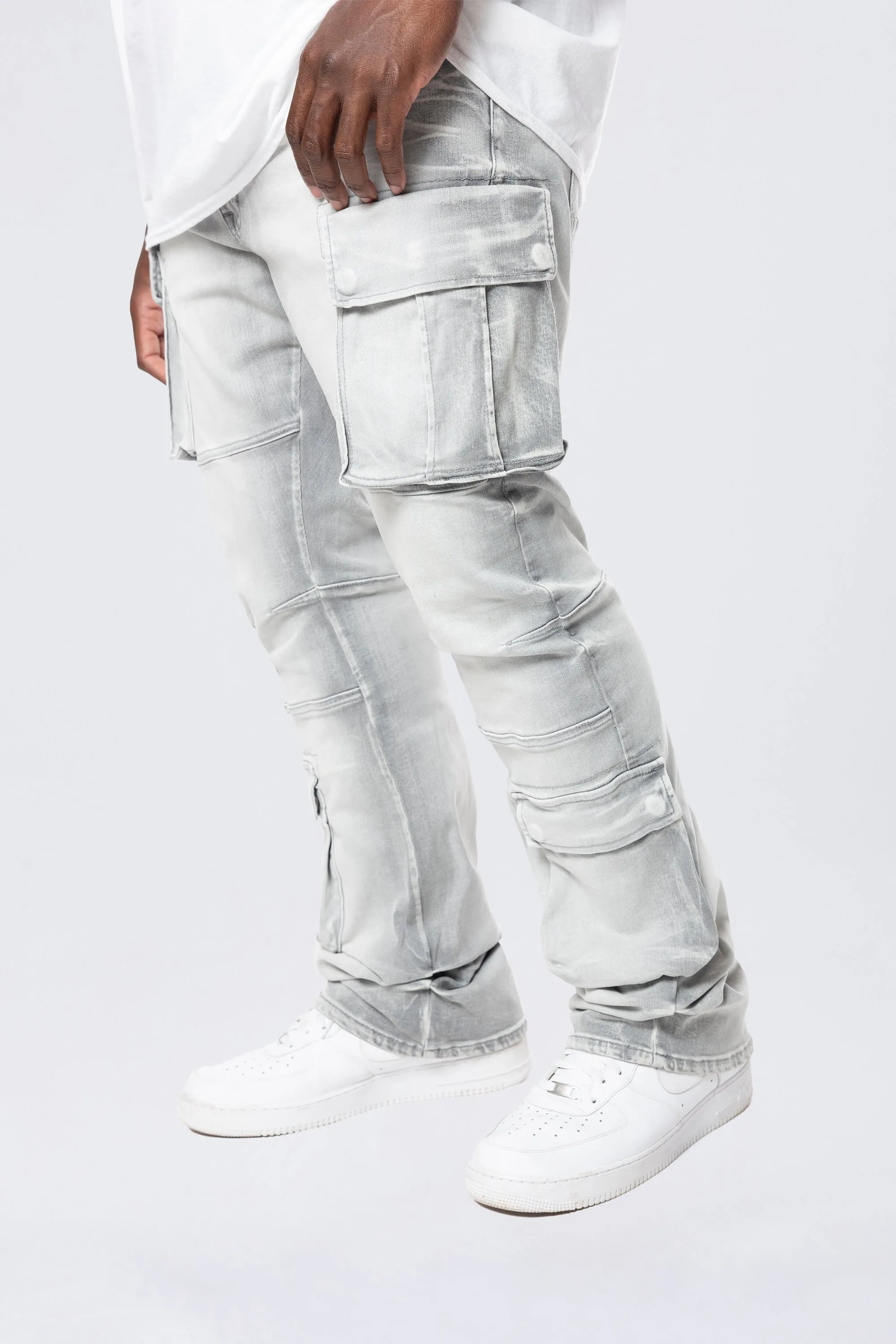 Big and Tall - Stacked Utility Multi Pocket Cargo Jeans - Breezy Grey