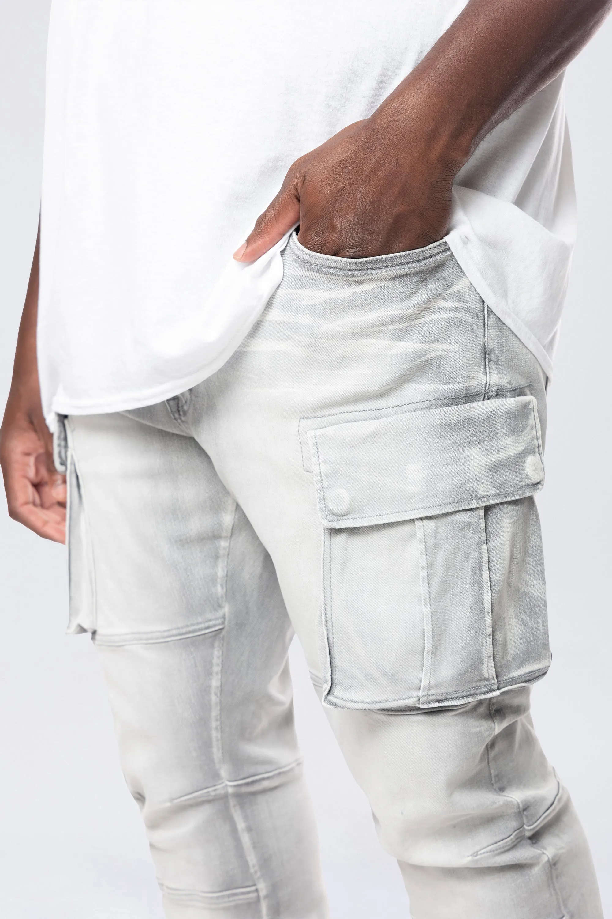 Big and Tall - Stacked Utility Multi Pocket Cargo Jeans - Breezy Grey