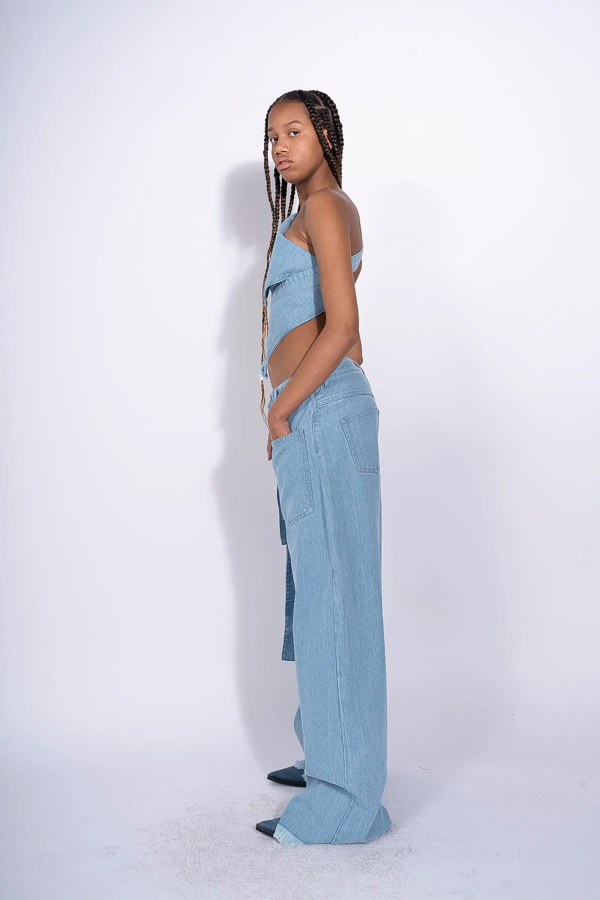 BLUE DENIM PATCH POCKET BOYFRIEND TROUSERS