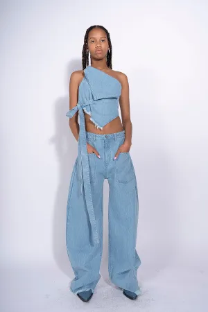 BLUE DENIM PATCH POCKET BOYFRIEND TROUSERS