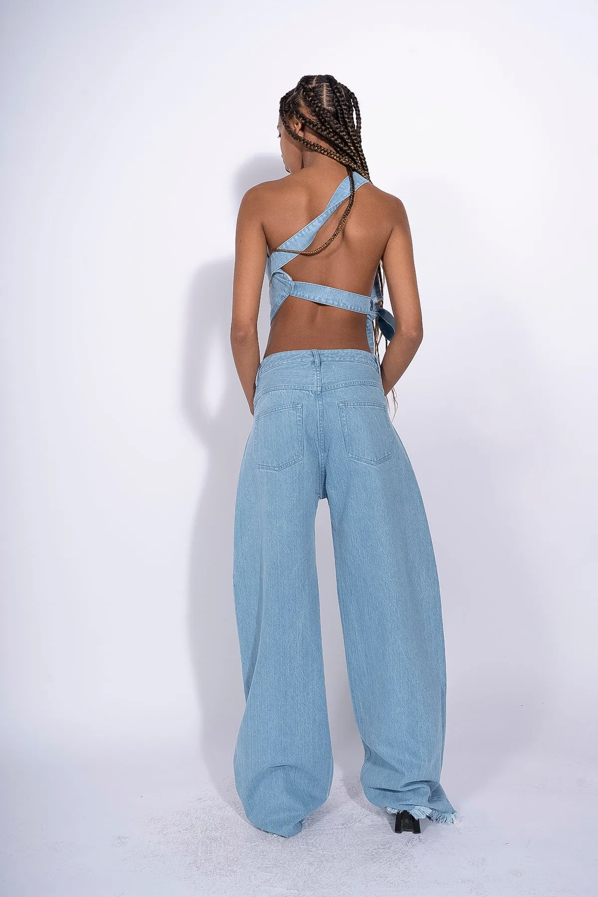 BLUE DENIM PATCH POCKET BOYFRIEND TROUSERS