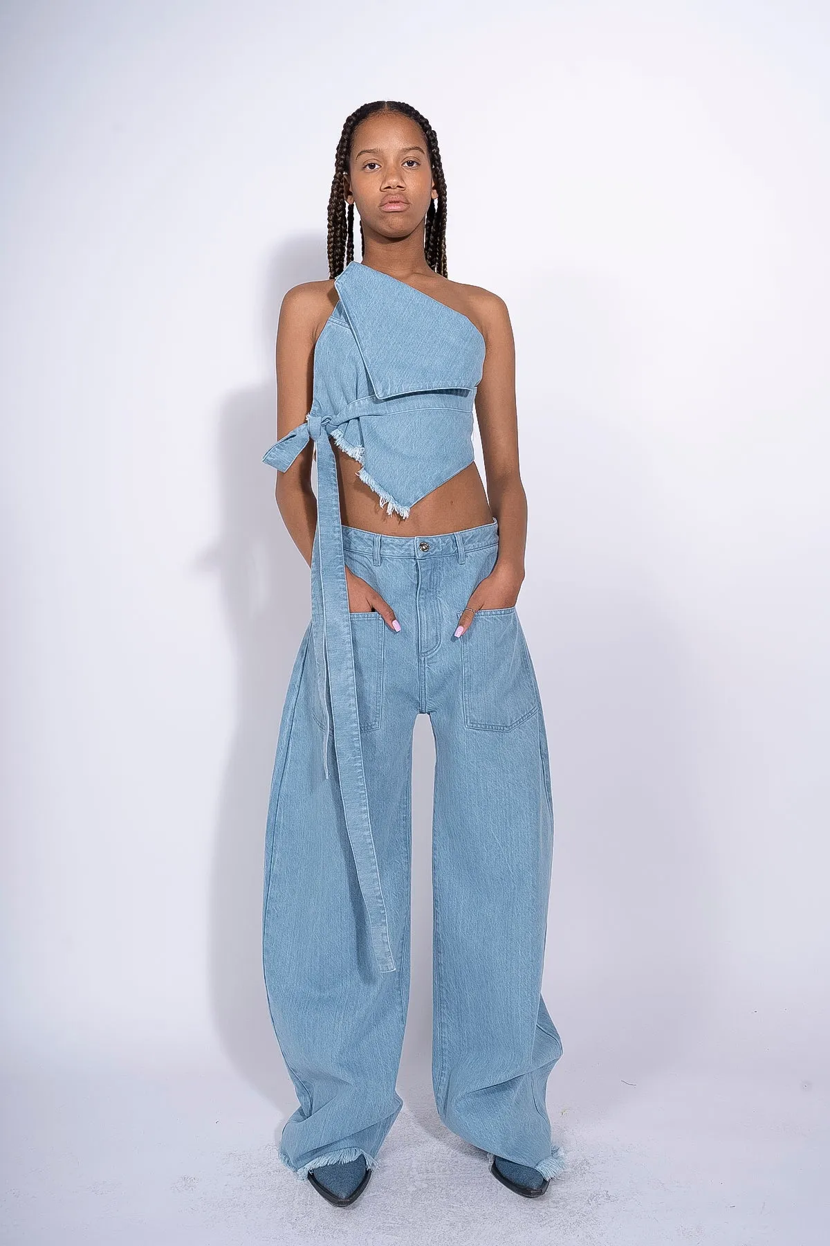 BLUE DENIM PATCH POCKET BOYFRIEND TROUSERS