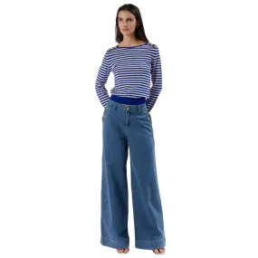 CafèNoir Women's striped crew-neck sweater with shoulder buttons C7JM0191 N061 blue white