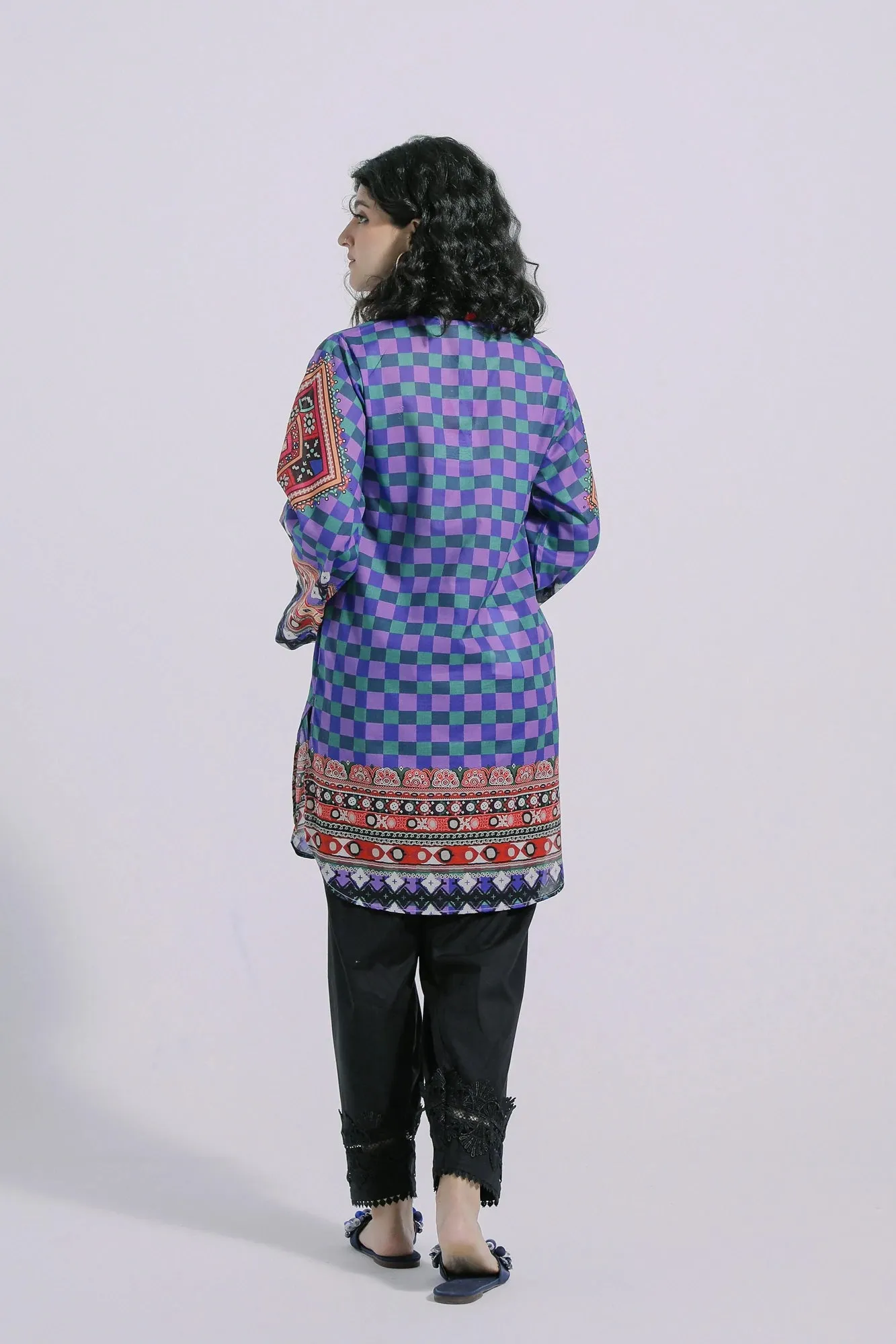 Ethnic Purple Checkered Printed Lawn Shirt