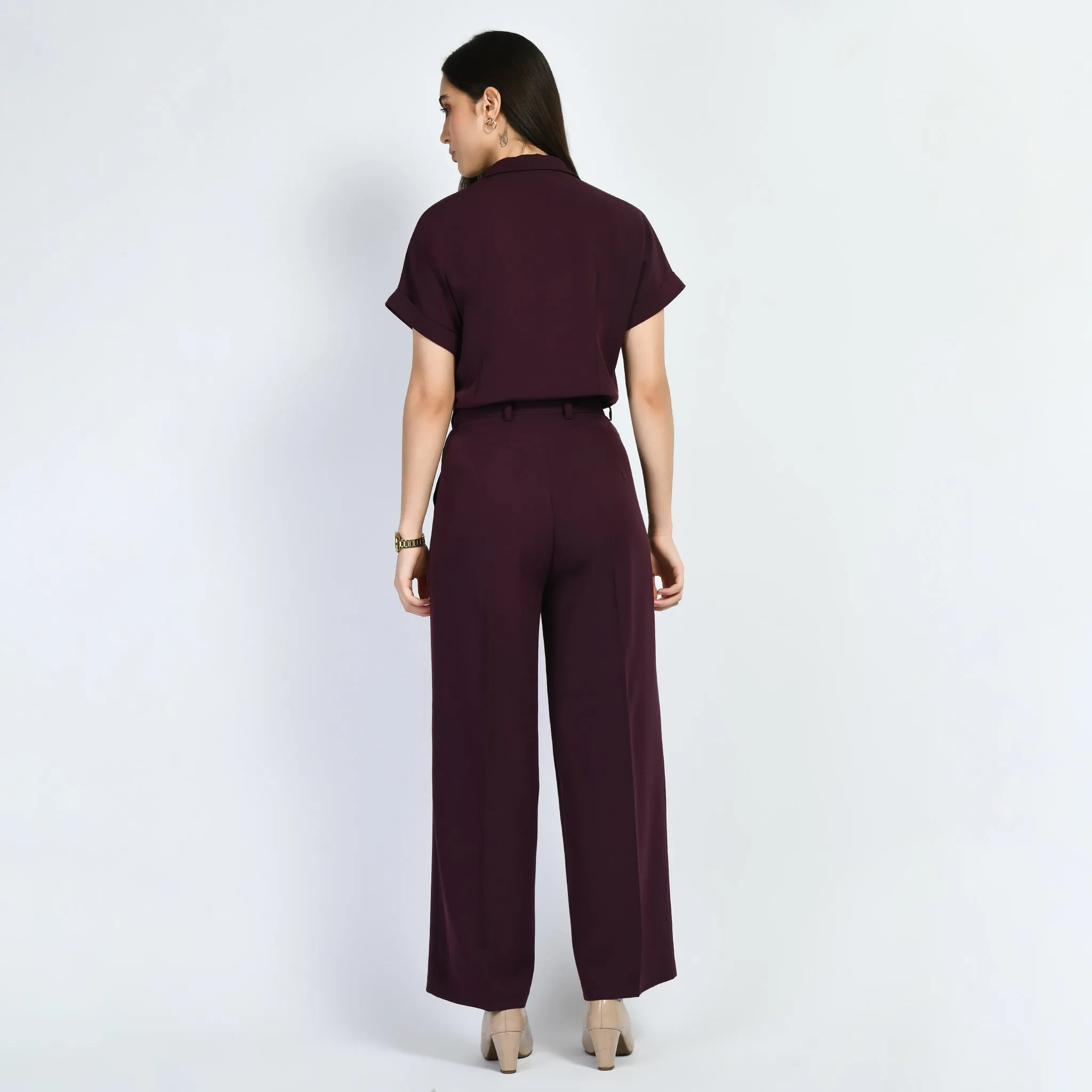 Exude Magnetism Solid Wide Leg Trousers With Blazer Tie Top Co-ord (Wine)