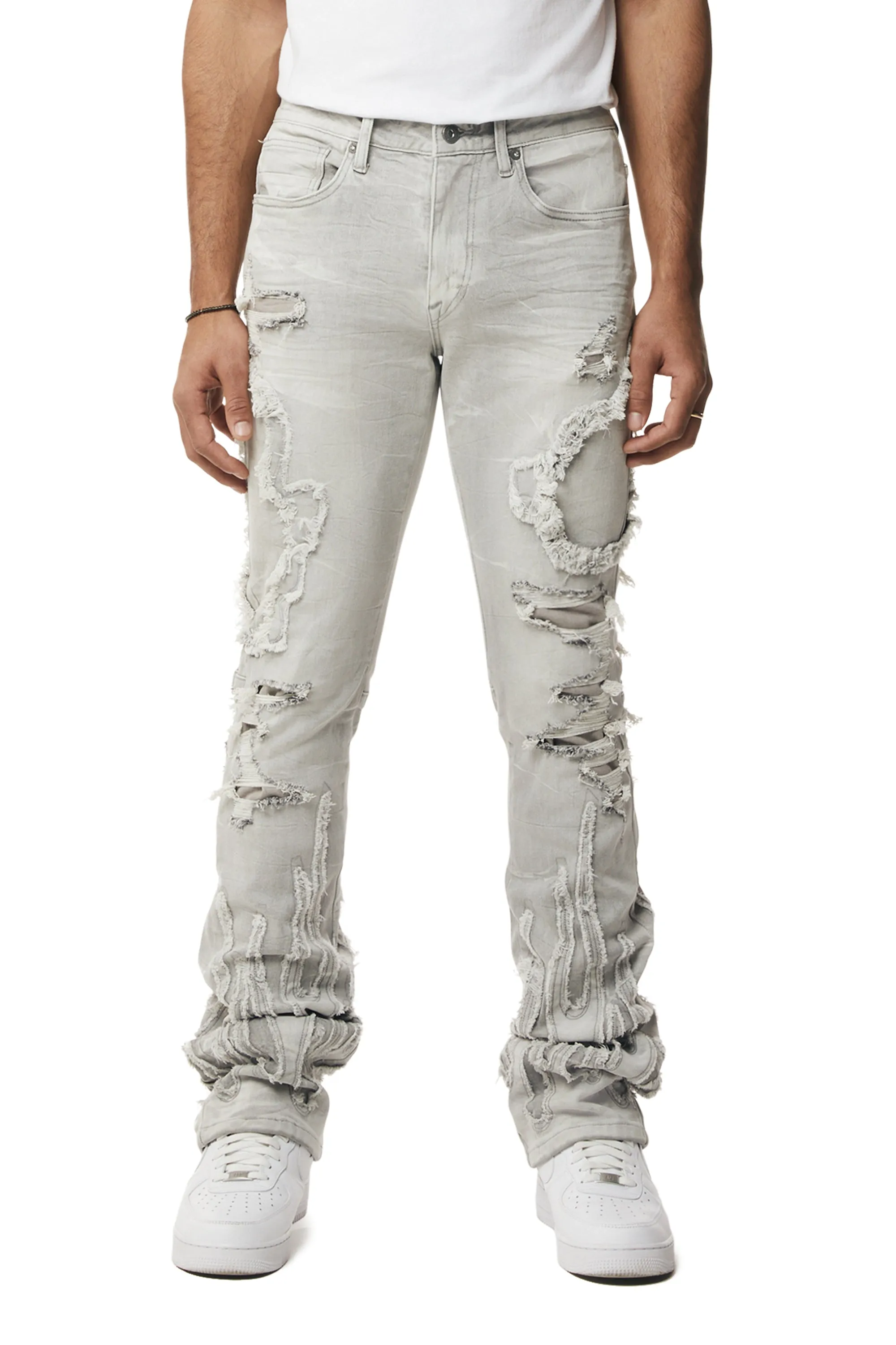 Flame Applique Heavy R&R Stacked Denim Jeans - Cloud Grey