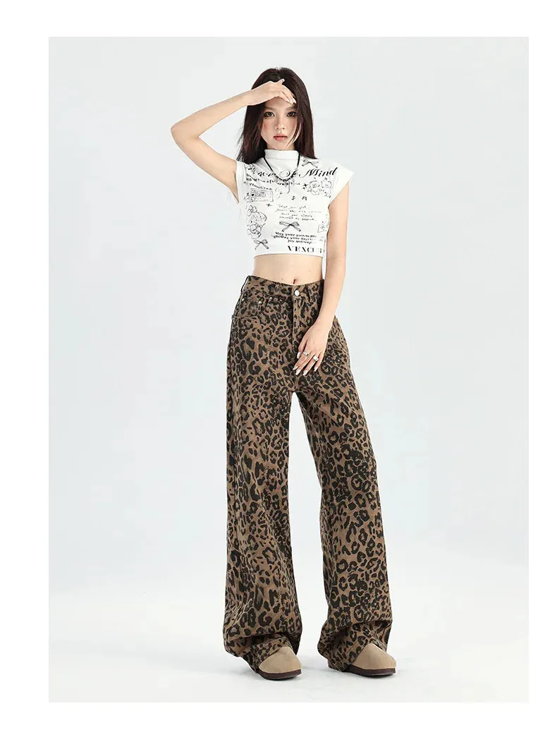 LVSANW American Retro Loose Wide Leg Pants For Women Overalls Leopard Print High Street Casual Y2k Hip-hop Cargo Grunge Baggy Trousers