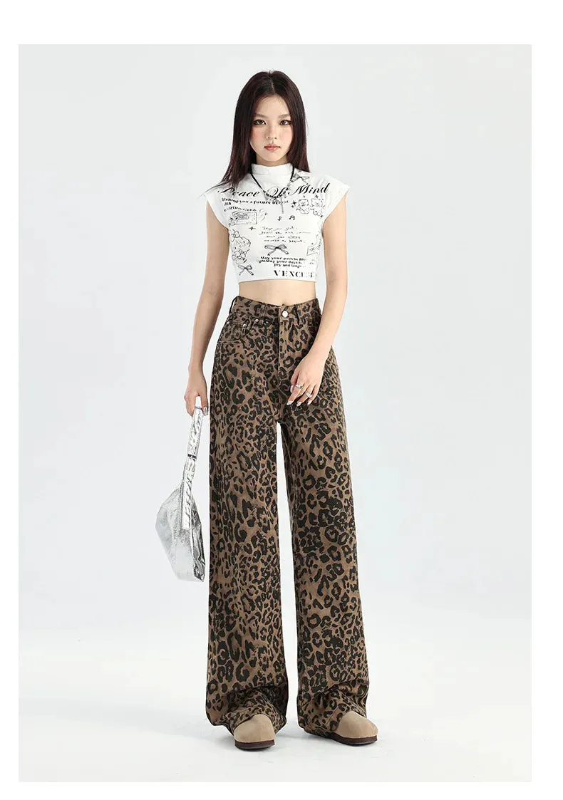 LVSANW American Retro Loose Wide Leg Pants For Women Overalls Leopard Print High Street Casual Y2k Hip-hop Cargo Grunge Baggy Trousers