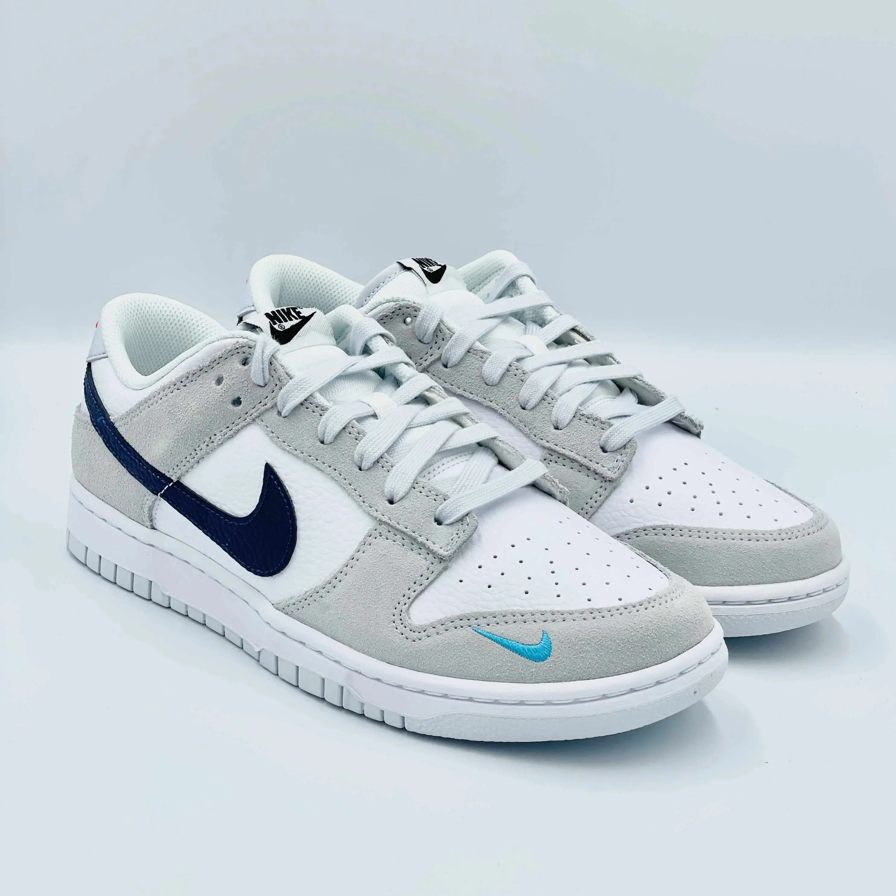 Nike Dunk Low White Grey Navy Aqua Mini Swoosh