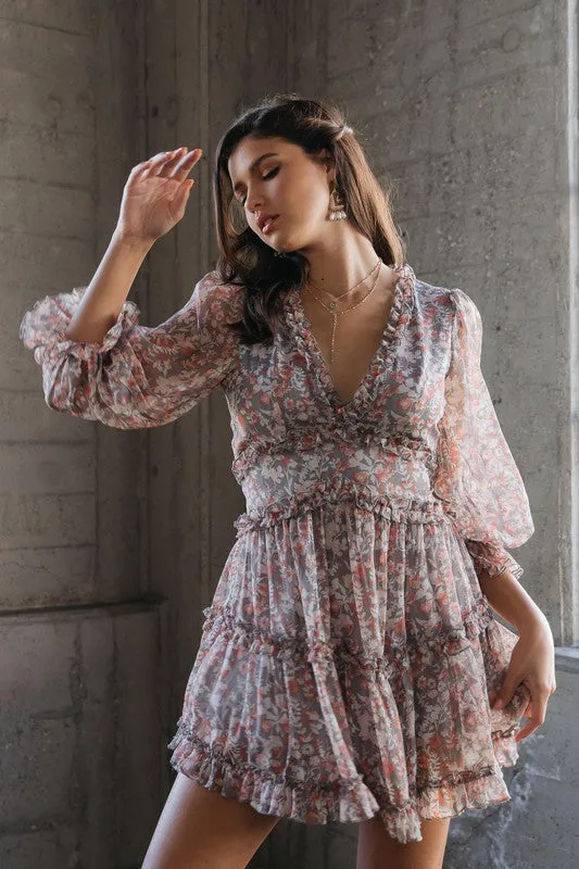 Printed Ruffle Long Balloon Sleeved Empire Waist Mini Dress