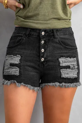 Shorts Donna Jeans Bottoni Passanti Tasche Frange Strappi Monocolore Casual