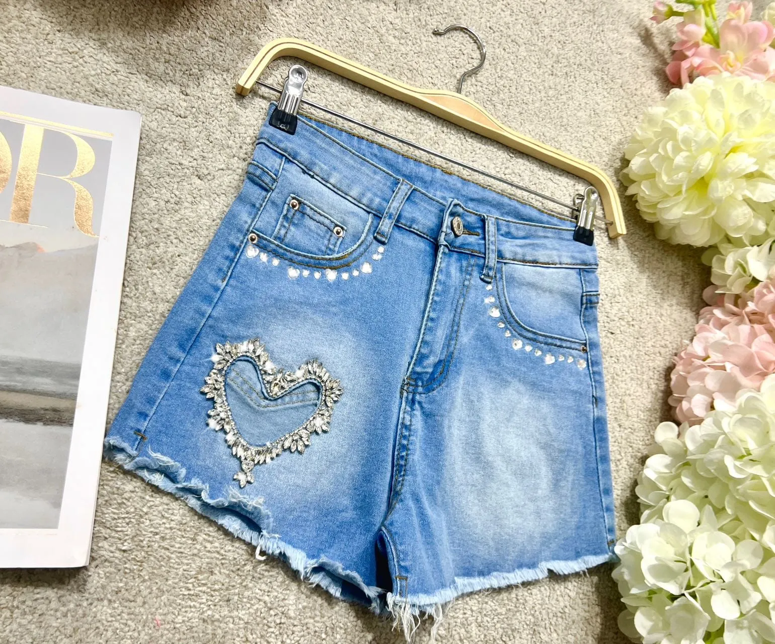 Shorts Donna Jeans Denim Tasche Strass Bottone Cerniera Passanti Casual