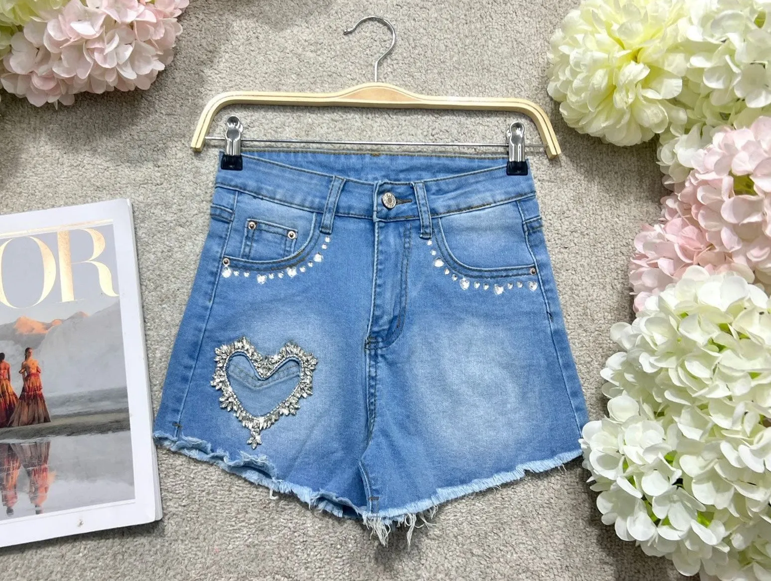 Shorts Donna Jeans Denim Tasche Strass Bottone Cerniera Passanti Casual