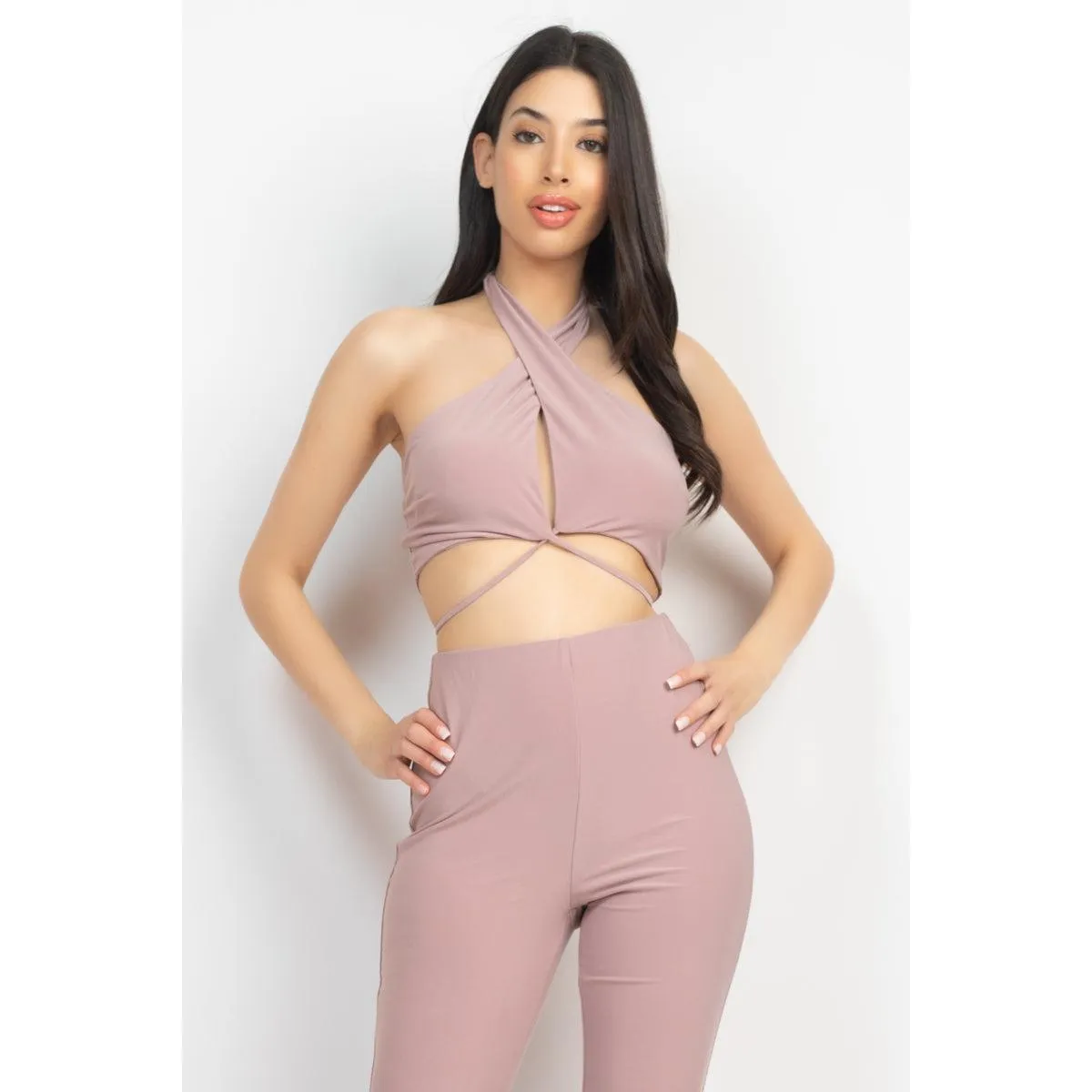 Solid Halter Top And Elastic Leggings Set