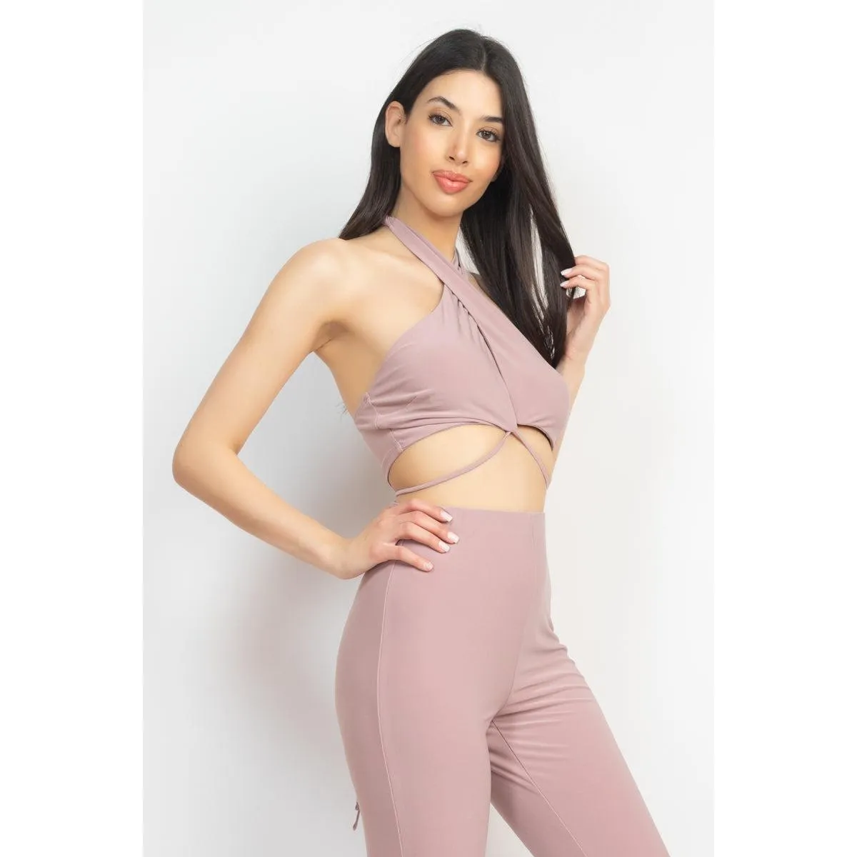 Solid Halter Top And Elastic Leggings Set