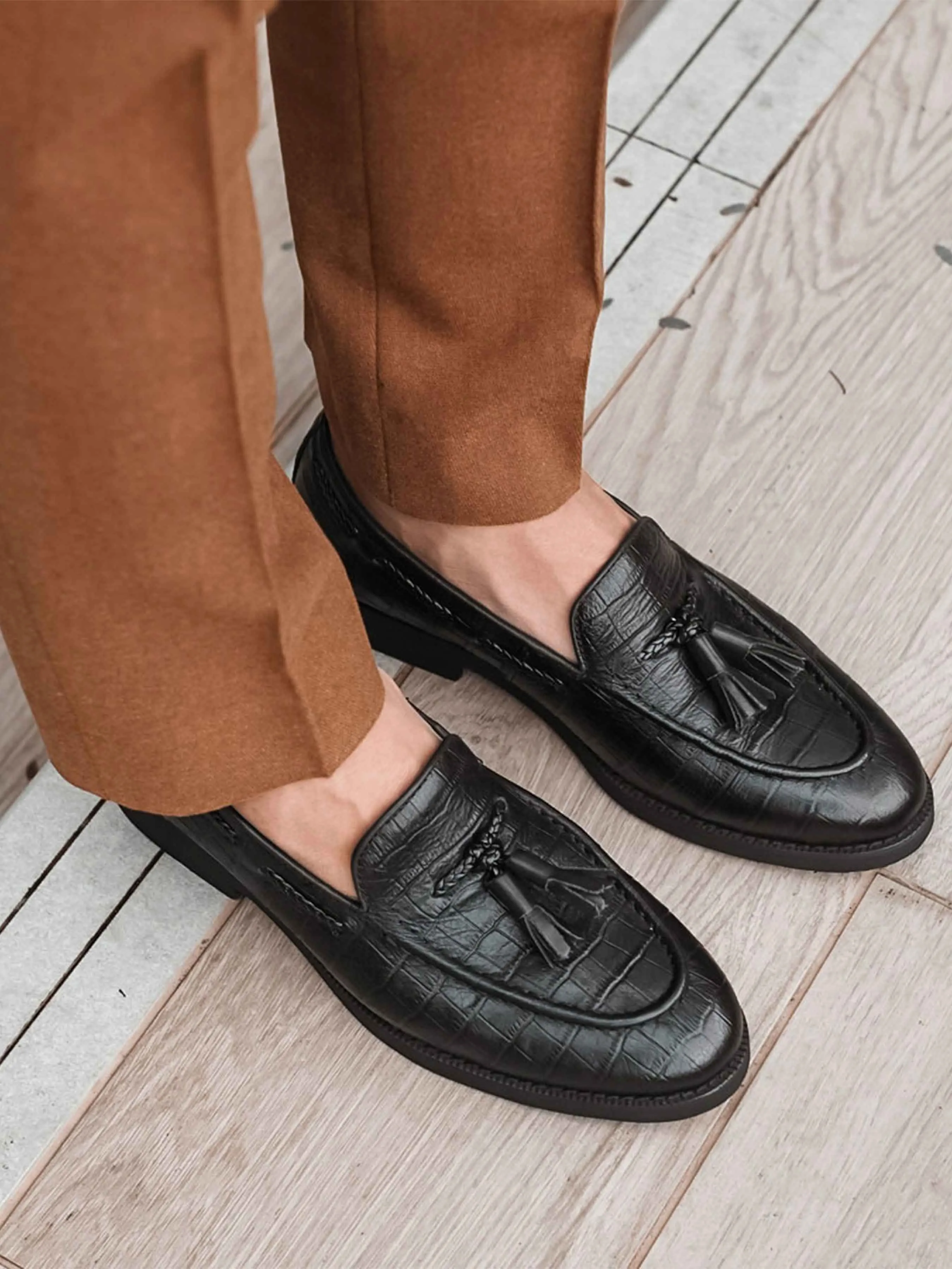 Tassel Loafer - Black Croco Leather (Crepe Sole)