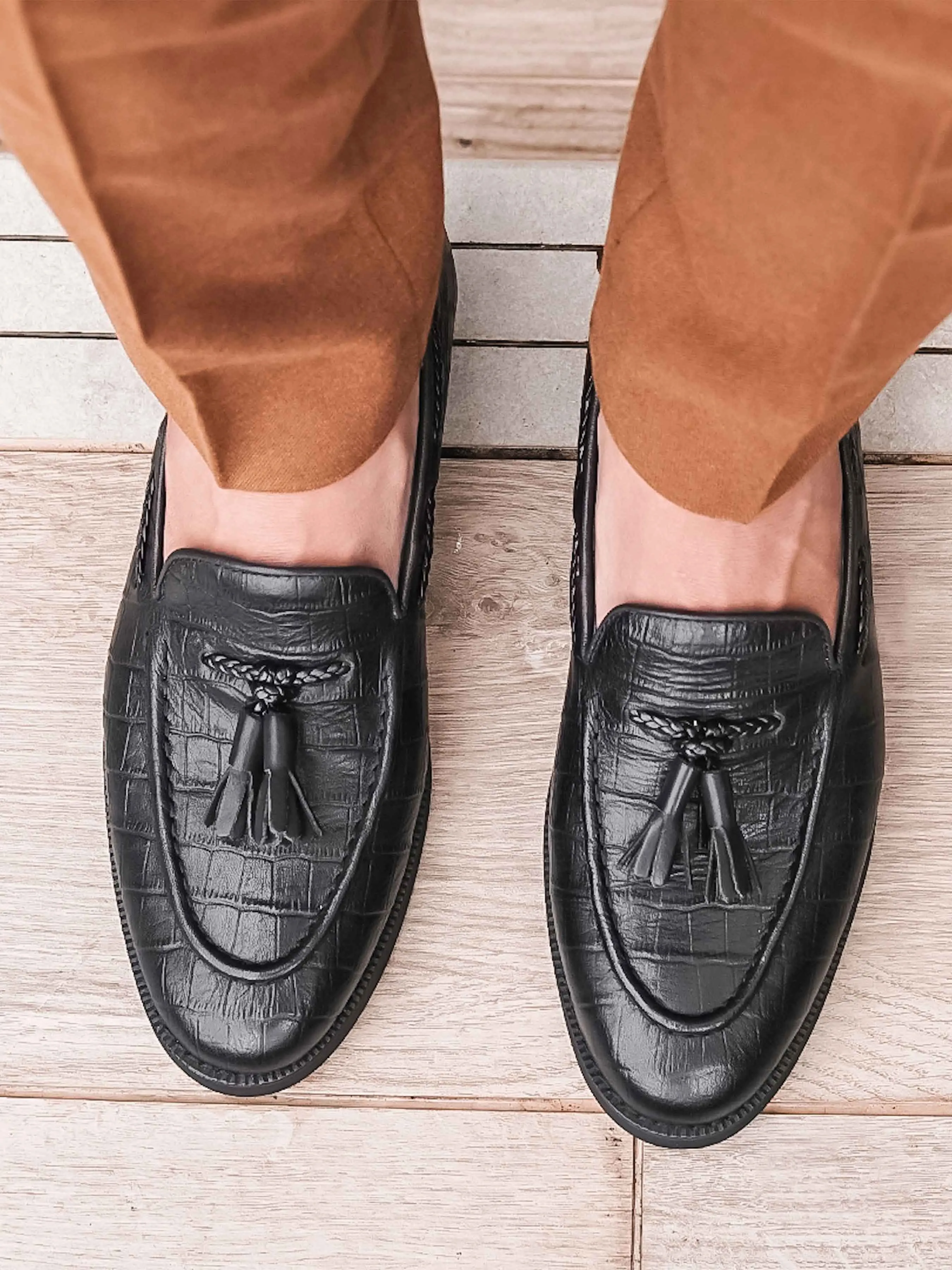 Tassel Loafer - Black Croco Leather (Crepe Sole)