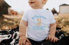 Teddy Bear One baby t-shirt,1st birthday, toddler  birthday , white birthday t-shirt, teddy bear personalized , happy boy tee.