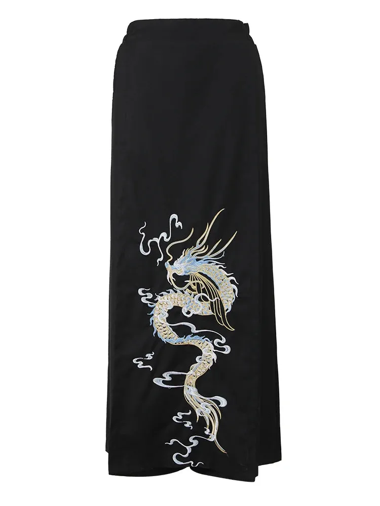 Trendy Trousers with Dragon Print and Stylish Overlay Design