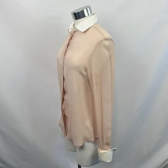 Valentino Sheer Pink Tan Blouse with White Trim Button