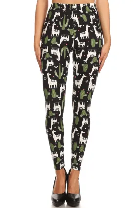 Women's 3X 5X White Giraffe Green Cactus Pattern Printed Leggings